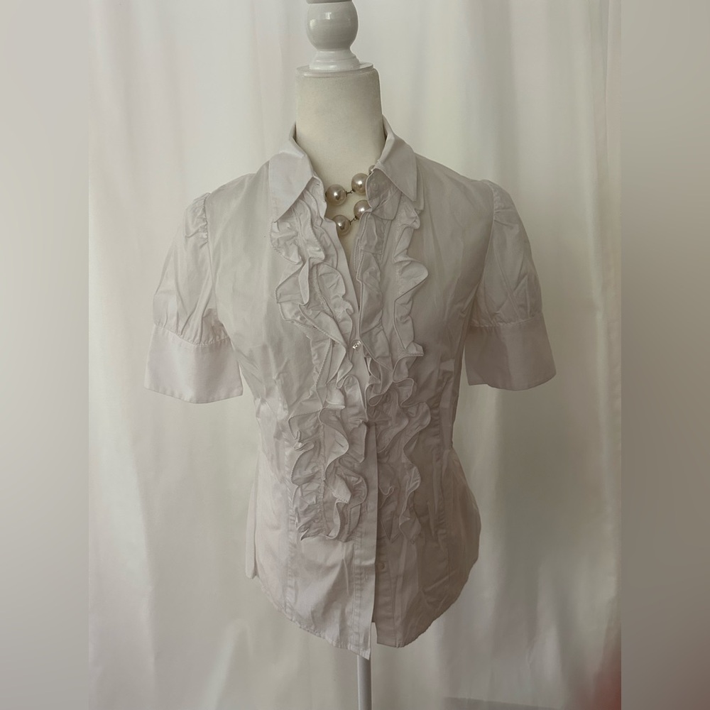 White Ruffle Button Down Blouse Moda International - image 1
